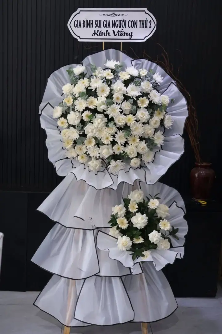 Tiered White Funeral Stand with Black Trim