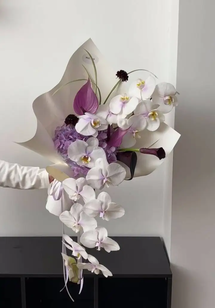 White Orchid, Purple Hydrangea & Petunia Bouquet