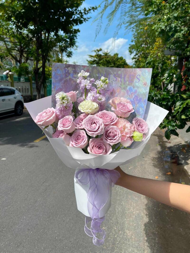 Bó Hồng Tím Khói Mix Cát Tường Trắng — ảnh 5