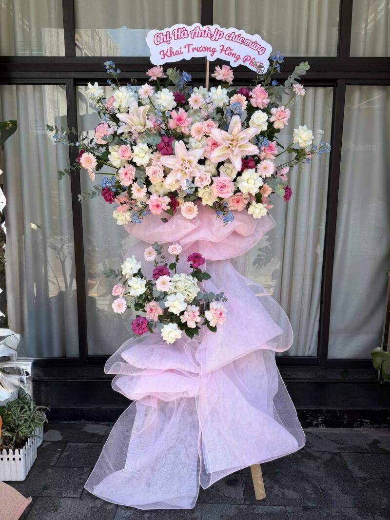 Kệ Hoa Khai Trương Hồng Pastel Voan Hồng