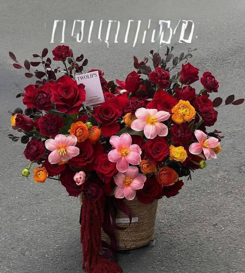 Lẵng Hoa Đỏ Đô Tulip Cổ Điển