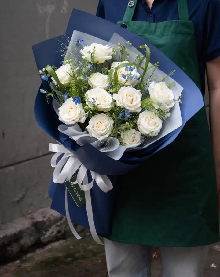 Midnight Sea White Rose & Delphinium Bouquet