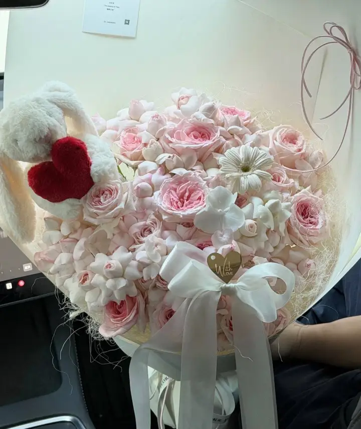 Light Blush Rose Bouquet with Heart-Hugging Bunny