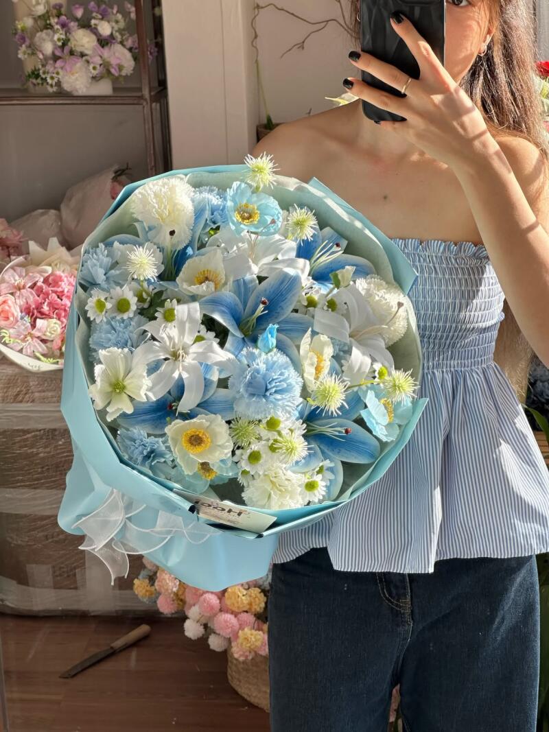 Bó Hoa Lụa Tông Xanh Trắng — ảnh 3