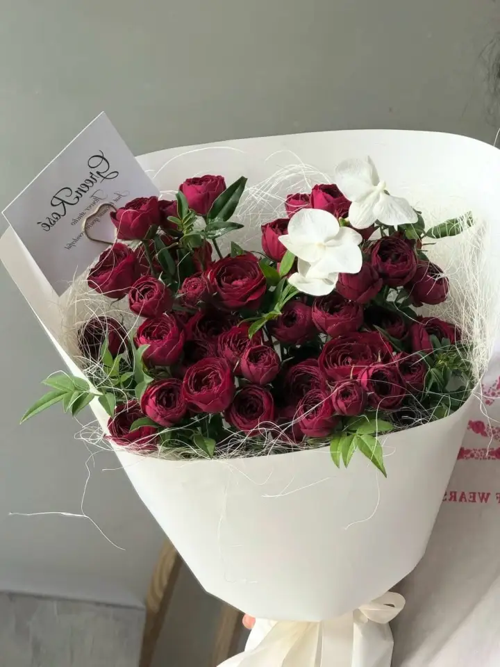 Wine Red Spray Rose & White Phalaenopsis Orchid Bouquet — photo 2