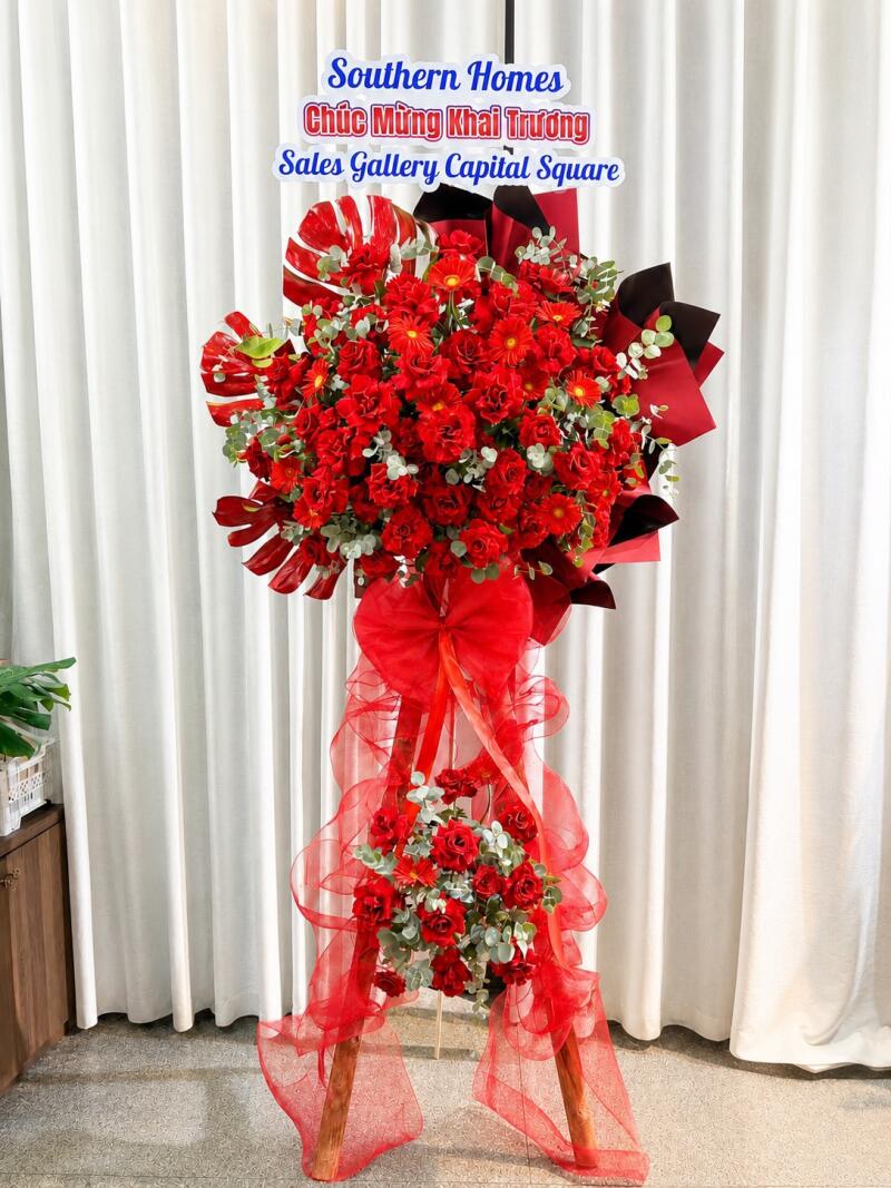 Kệ Hoa Khai Trương Đỏ Nơ Đỏ Voan Lưới