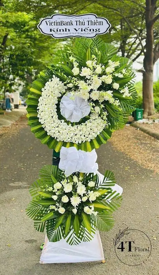 White Orchid Funeral Wreath with Areca Leaves