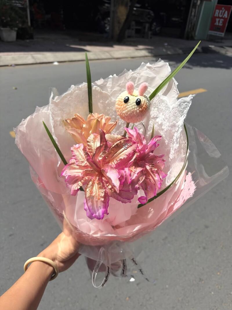 Bó Mini Ly Kép Hồng Cam Kèm Thú Bông — ảnh 4