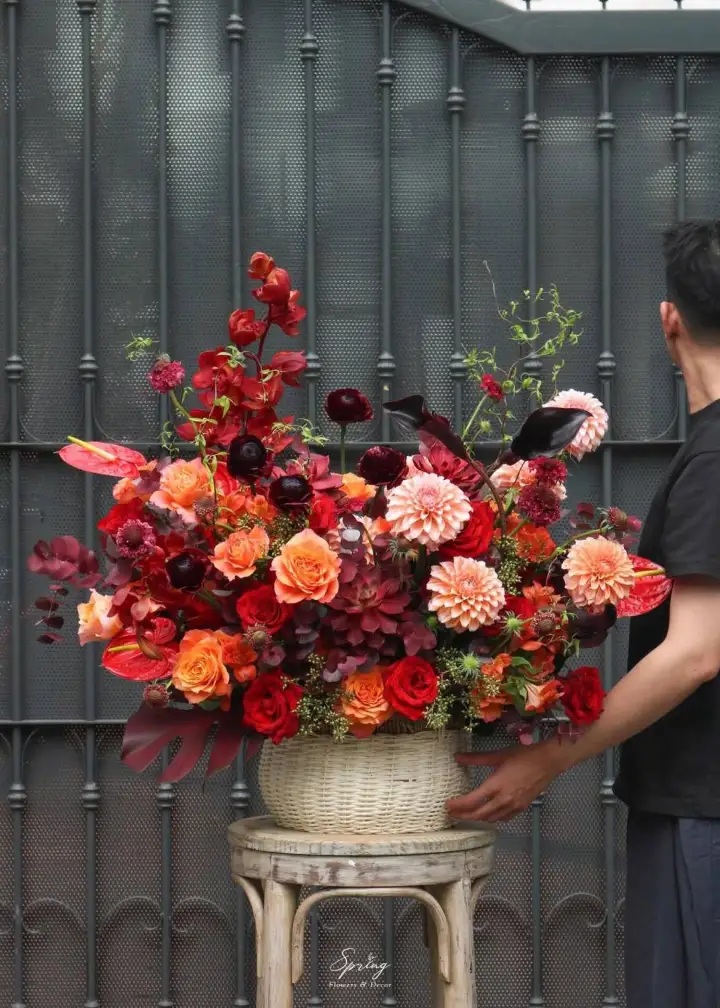 Wine Red & Orange Dahlia Basket — photo 3