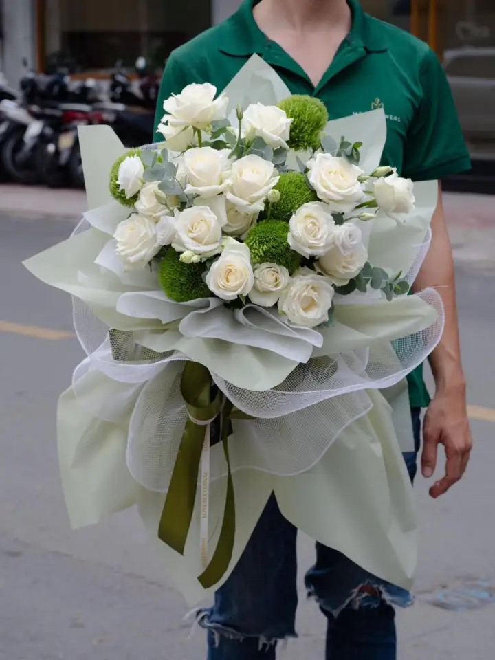 White Rose & Moss Green Carnation Bouquet