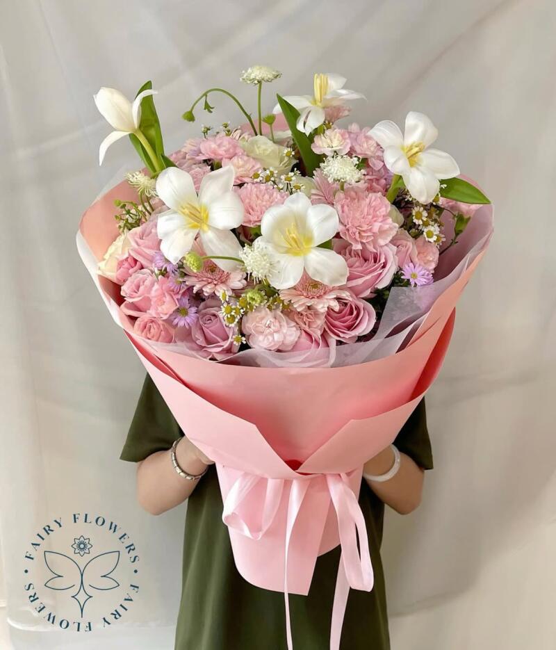 Bó Ly Trắng Mix Cúc Mẫu Đơn Hồng — ảnh 2