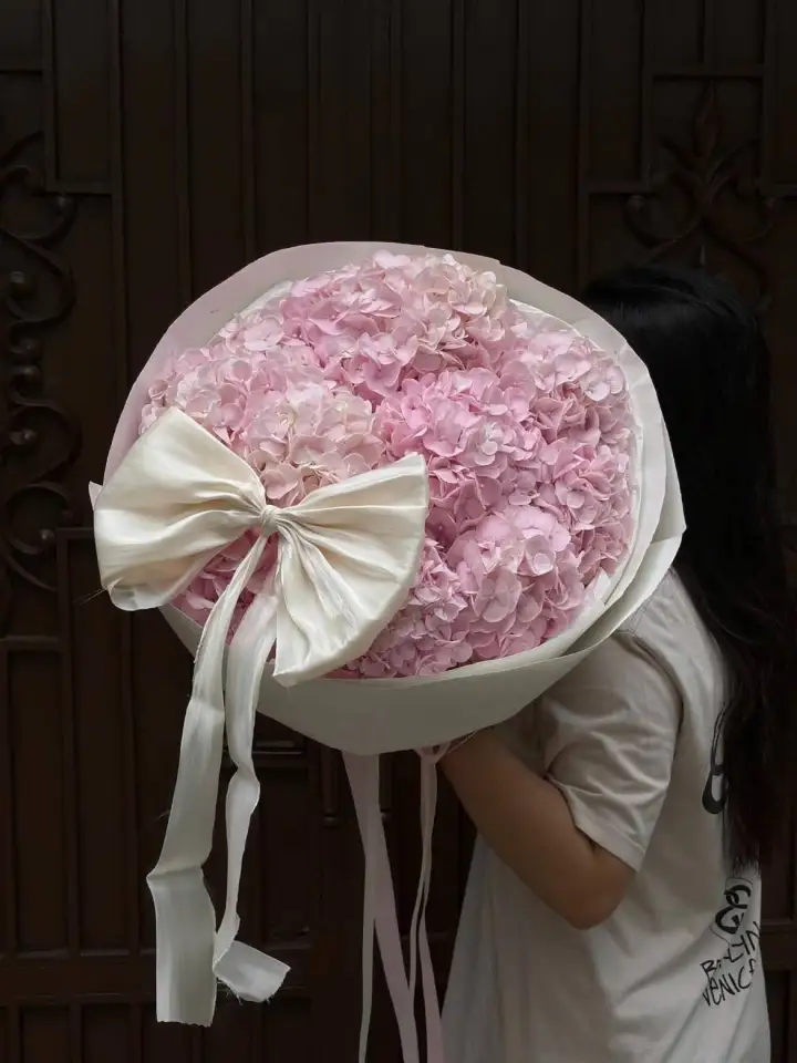 Extra Large Pink Hydrangea Bouquet with Cream Silk Bow