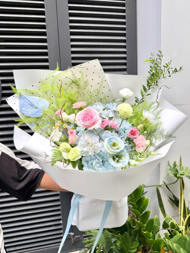 Bó Cẩm Tú Cầu Xanh Mix Pastel Tông Xanh Hồng