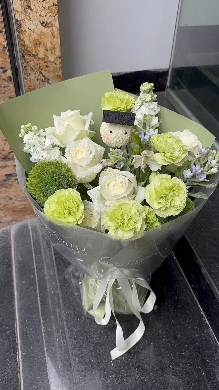 Pink & White Rose and Lime Carnation Graduation Bouquet — photo 2