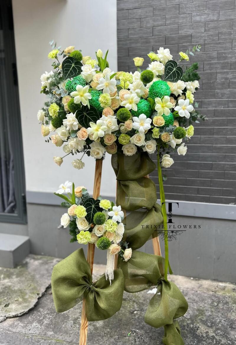 Kệ Hoa Chúc Mừng Xanh Cốm Nơ Đay Olive