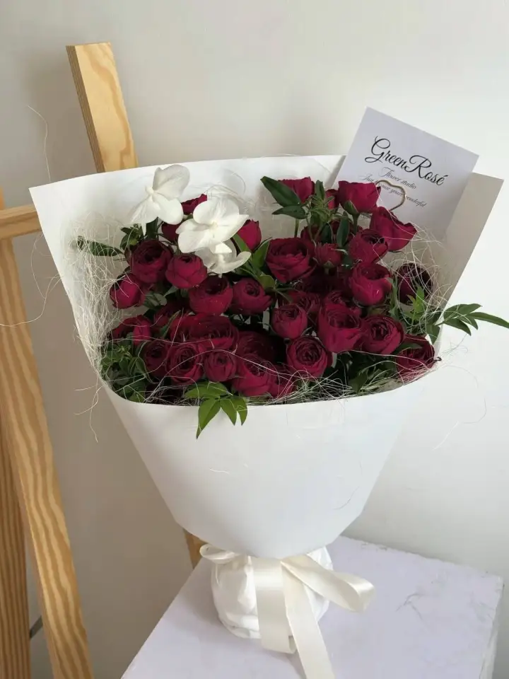 Wine Red Spray Rose & White Phalaenopsis Orchid Bouquet — photo 3