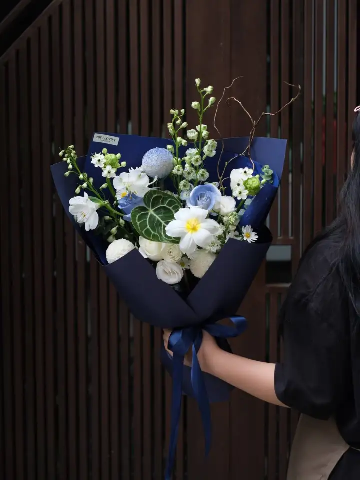 Blue Rose & Anthurium Bouquet in Navy Paper — photo 3