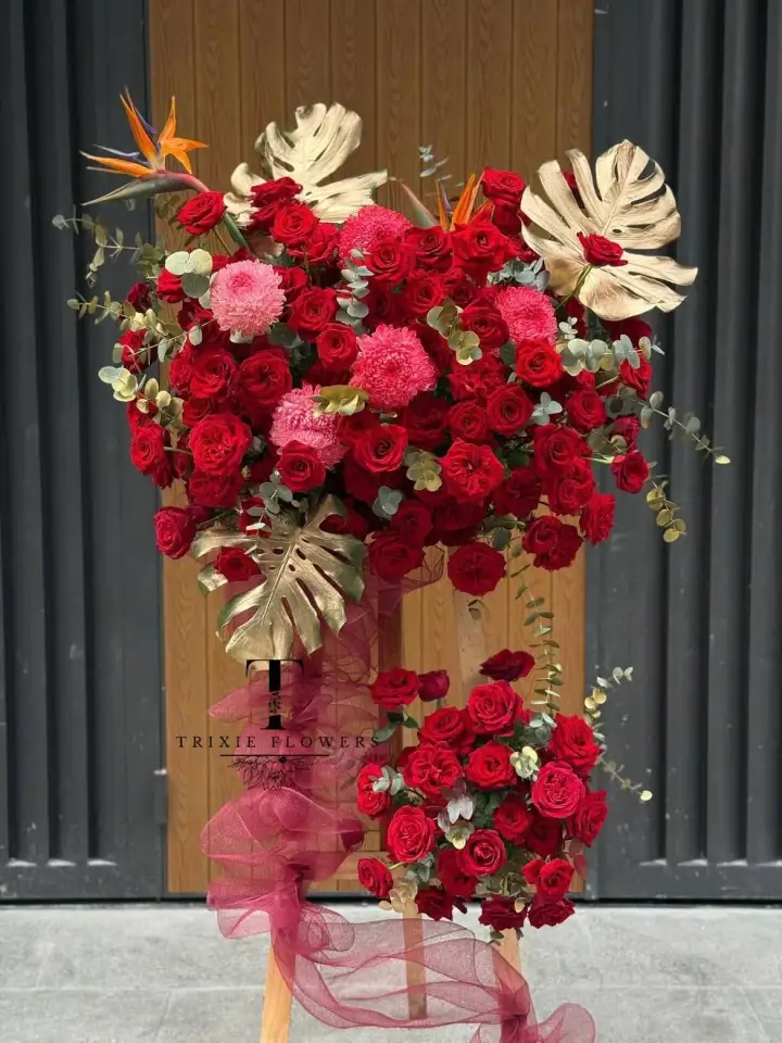 Red Bird of Paradise Grand Opening Stand with Gold Glitter Leaves