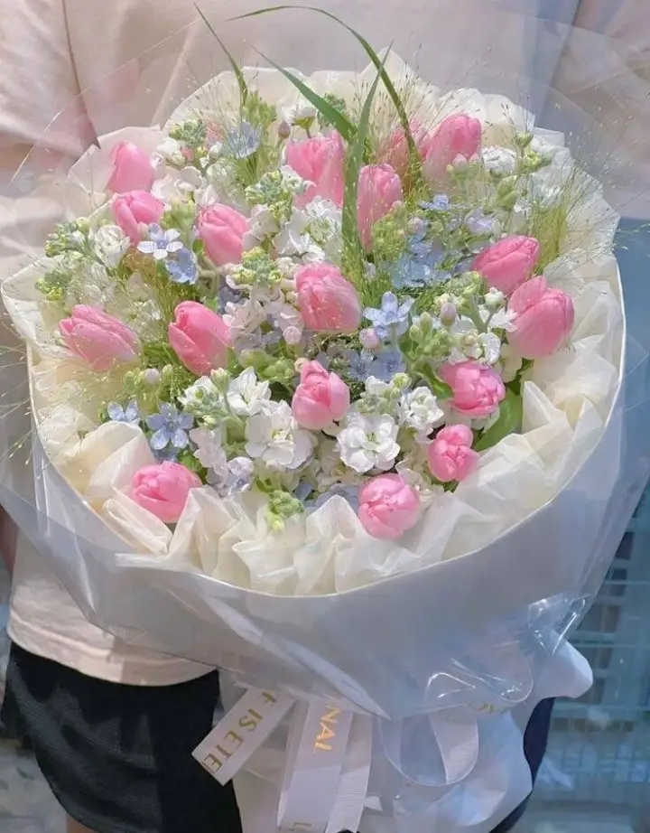 Pink Tulip & Violet Bouquet in White Cloud