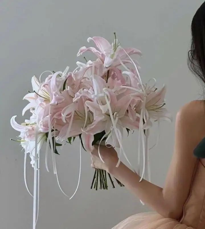 Pink Lily Bridal Bouquet with White Ribbon