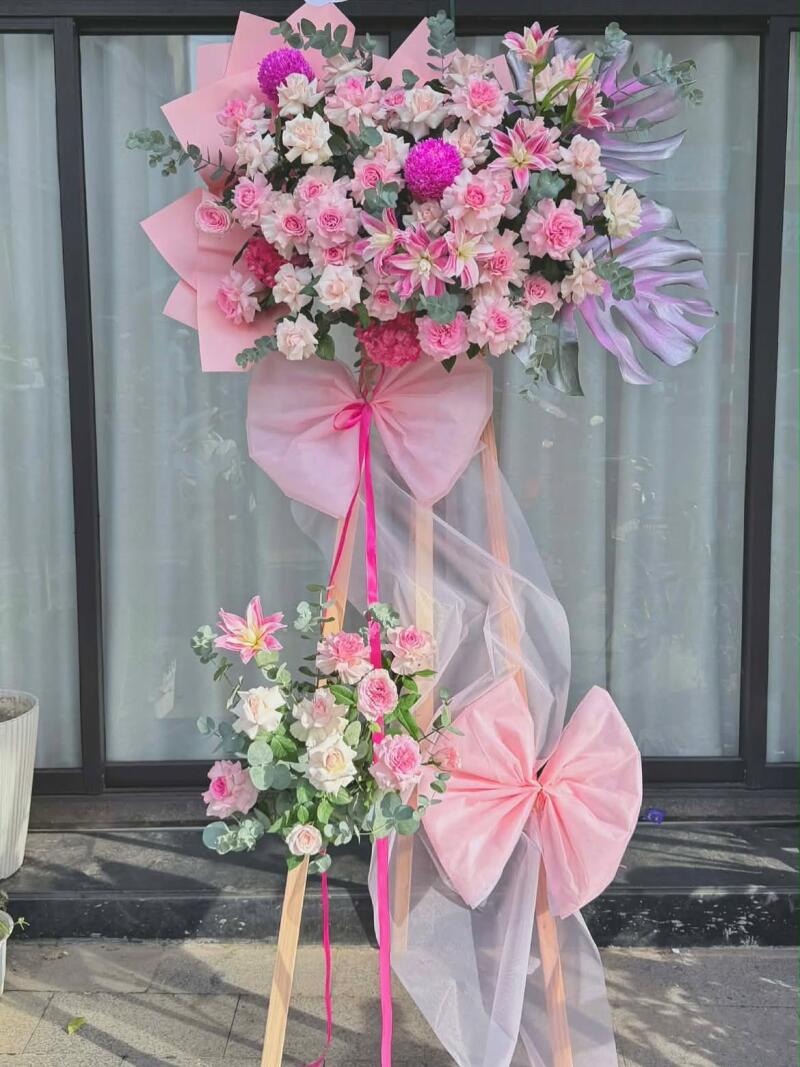 Kệ Hoa Chúc Mừng Hồng Tím Voan Hồng