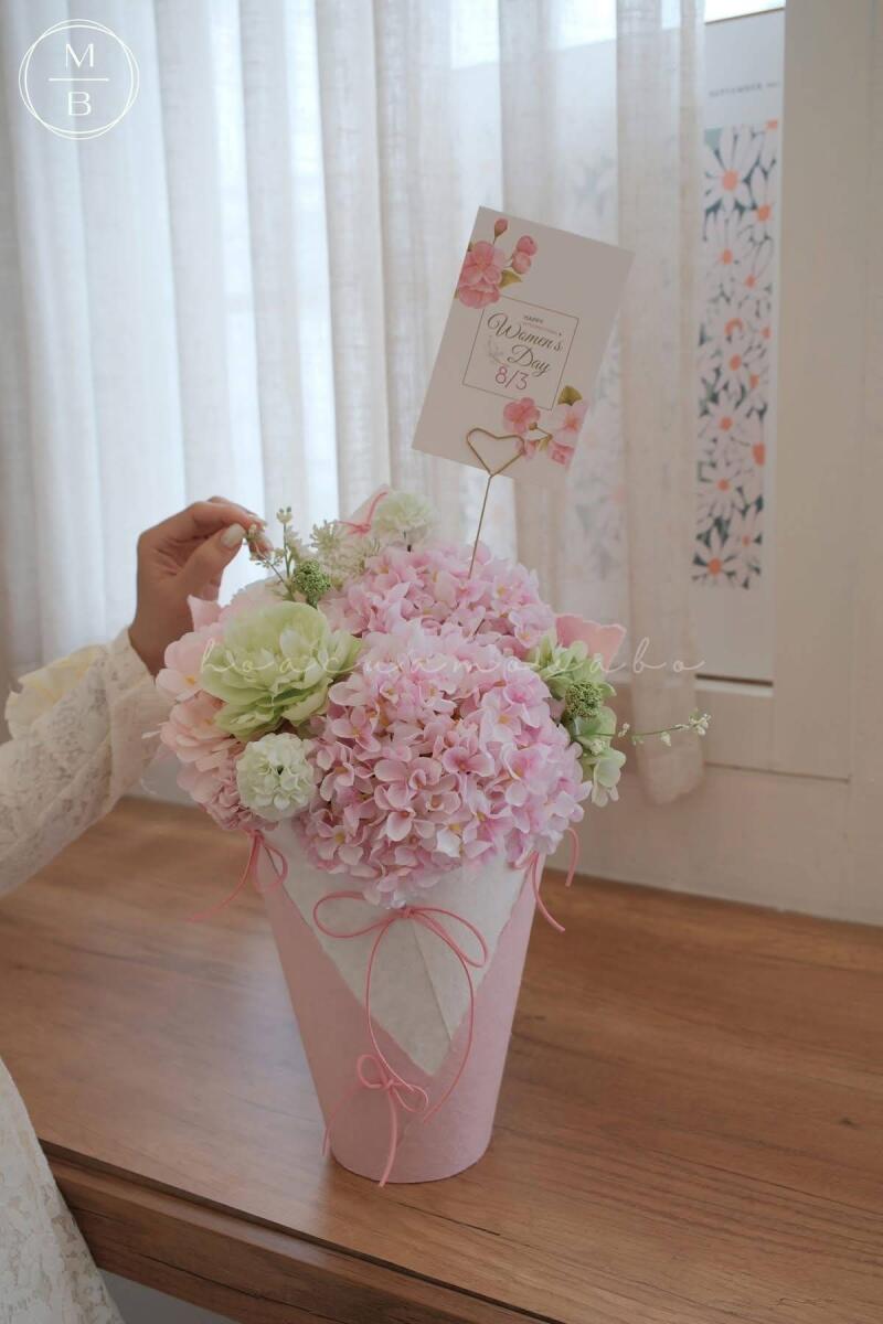 Chậu Hoa Lụa Tú Cầu Hồng 8/3