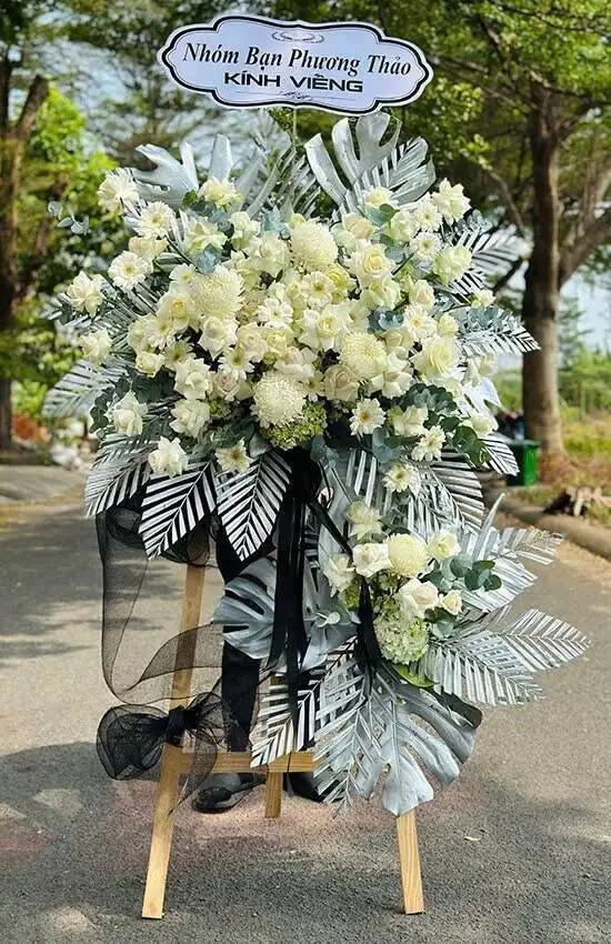 White Chrysanthemum & Silver Leaf Funeral Stand
