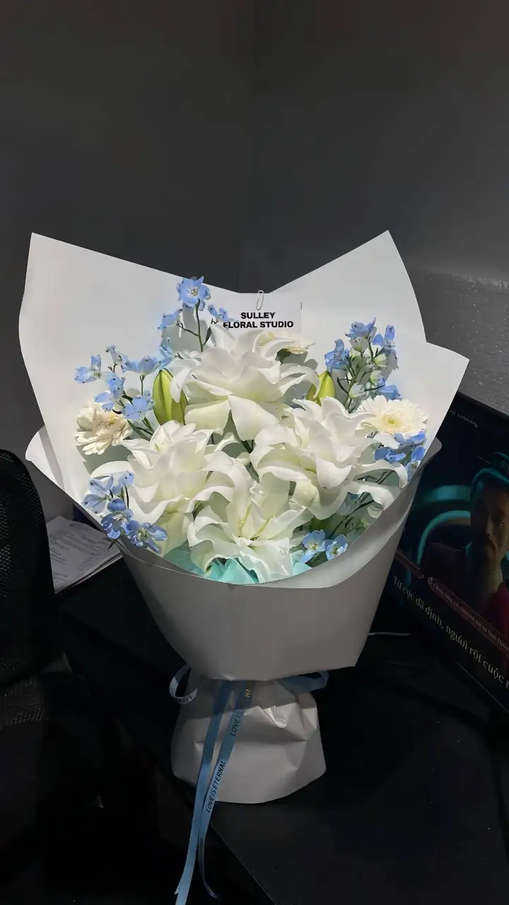 White Lily & Blue Delphinium Bouquet