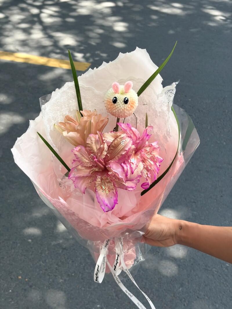 Bó Mini Ly Kép Hồng Cam Kèm Thú Bông — ảnh 2