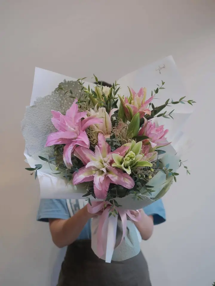 Pink Double Lily Bouquet with Greenery