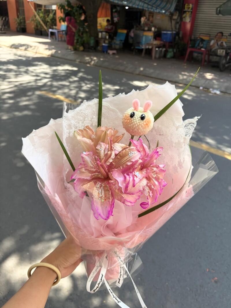 Bó Mini Ly Kép Hồng Cam Kèm Thú Bông — ảnh 3