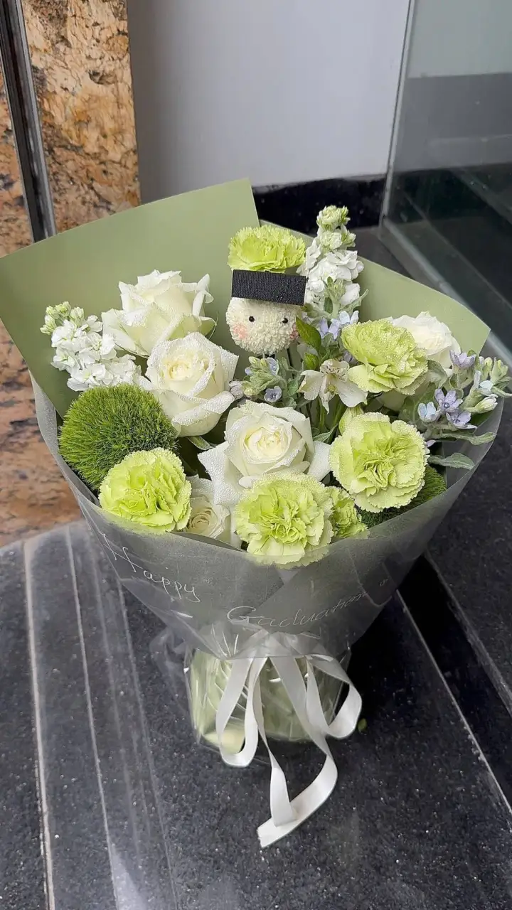 Pink & White Rose and Lime Carnation Graduation Bouquet — photo 3