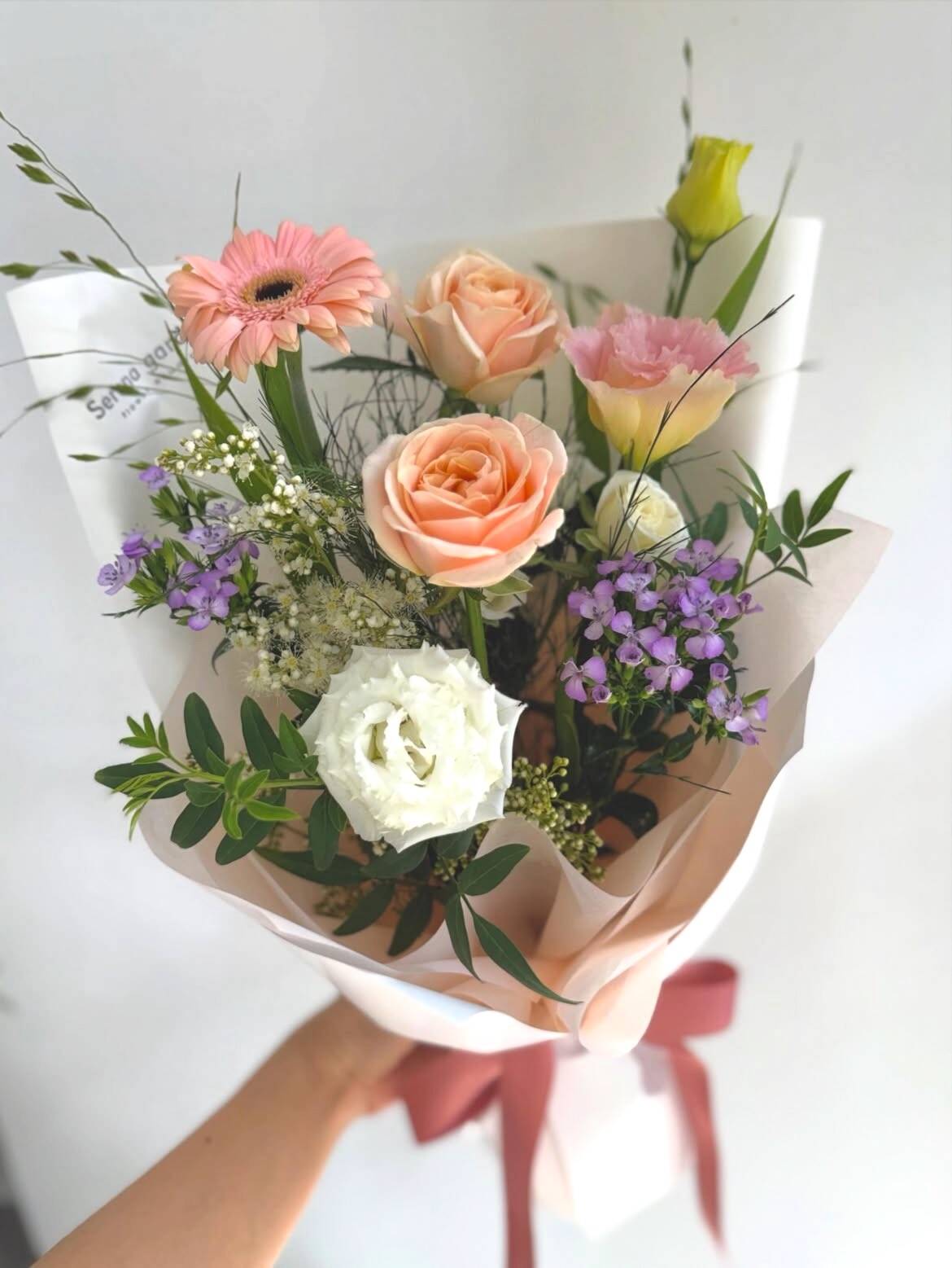 Bó Hồng Cam Đào Mix Đồng Tiền Hồng
